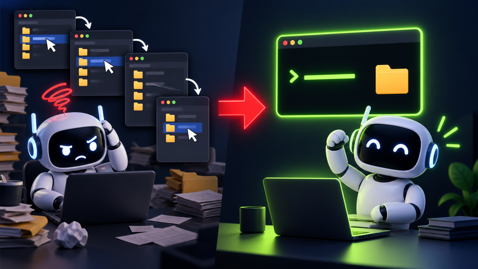 The same folder task: several clicks through a GUI on the left, one direct terminal action on the right.