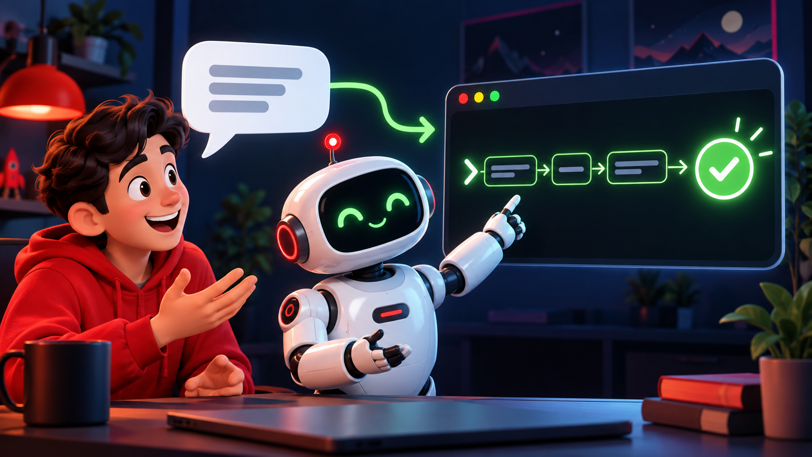 A person explains an outcome in plain language and a friendly AI turns it into a successful terminal workflow.