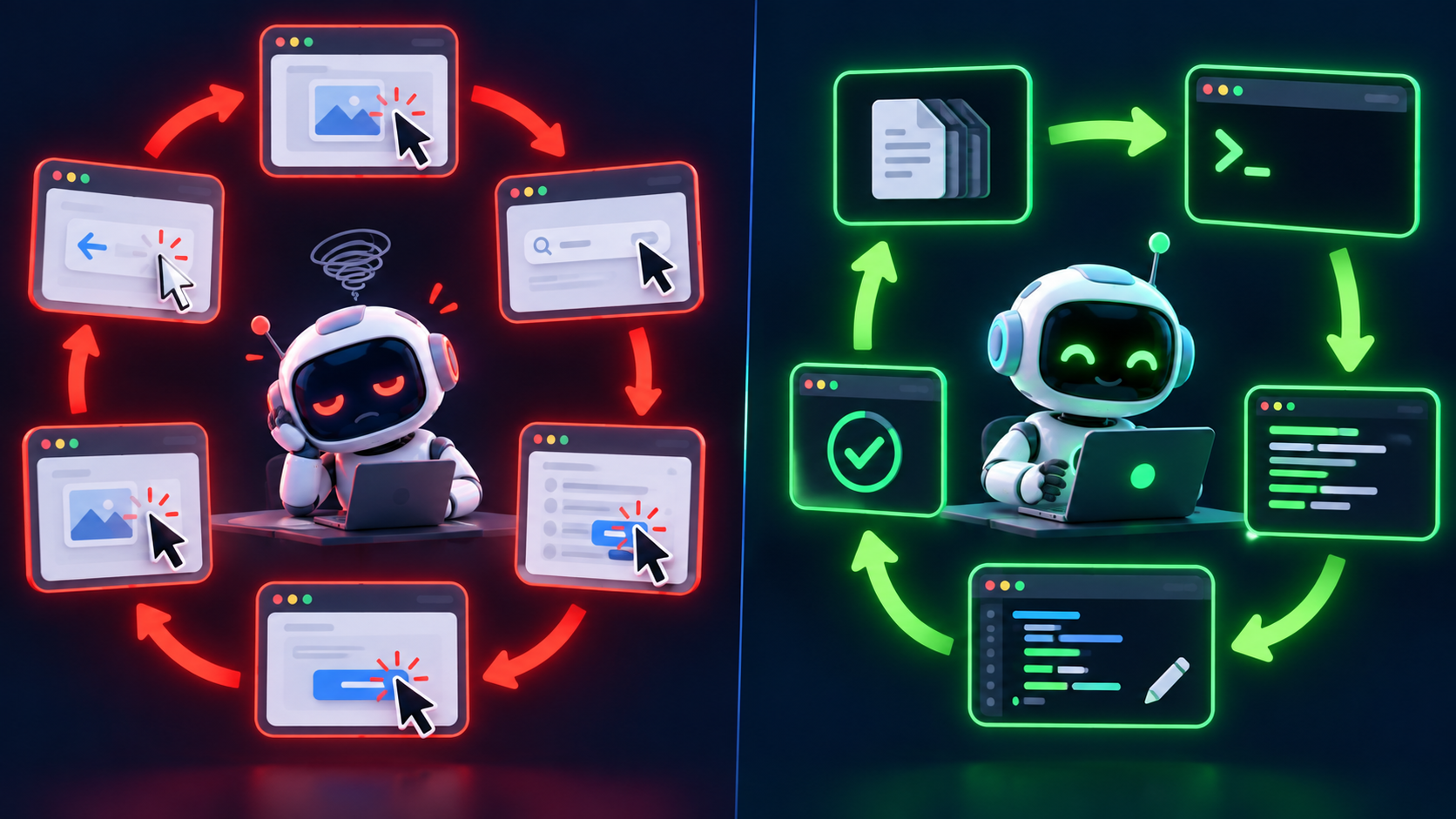 A slow red loop of screenshots and clicks compared with a clean green terminal work loop.