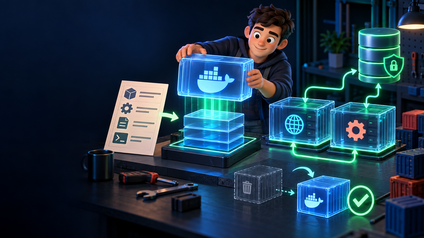 A hands-on Docker workshop with web and worker containers connected to durable data.