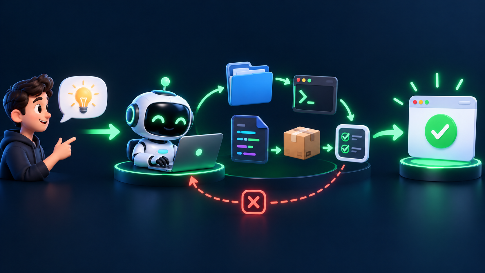 A person directs an AI agent through files, tools, checks, and a working result.