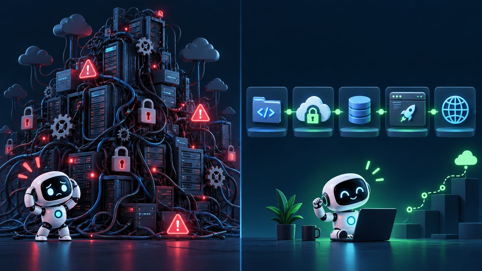 A needlessly tangled server fortress compared with a calm, modular managed stack that can grow over time.