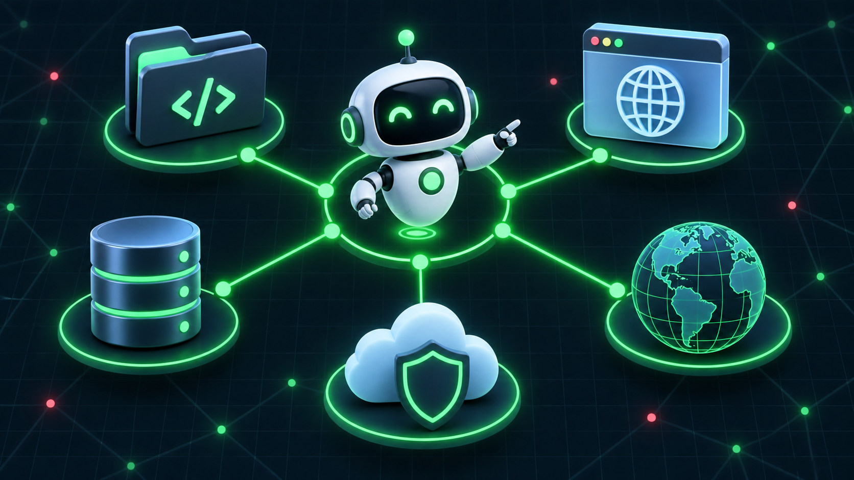 A friendly AI coding agent connects a code folder, deployment, database, protected cloud layer, and domain into one modern stack.