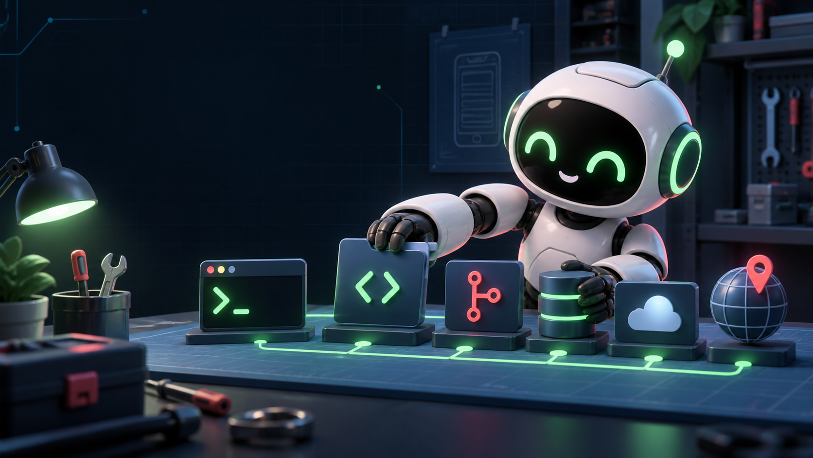 A friendly ByeBuy AI gets its coding tool kit ready before building an app.